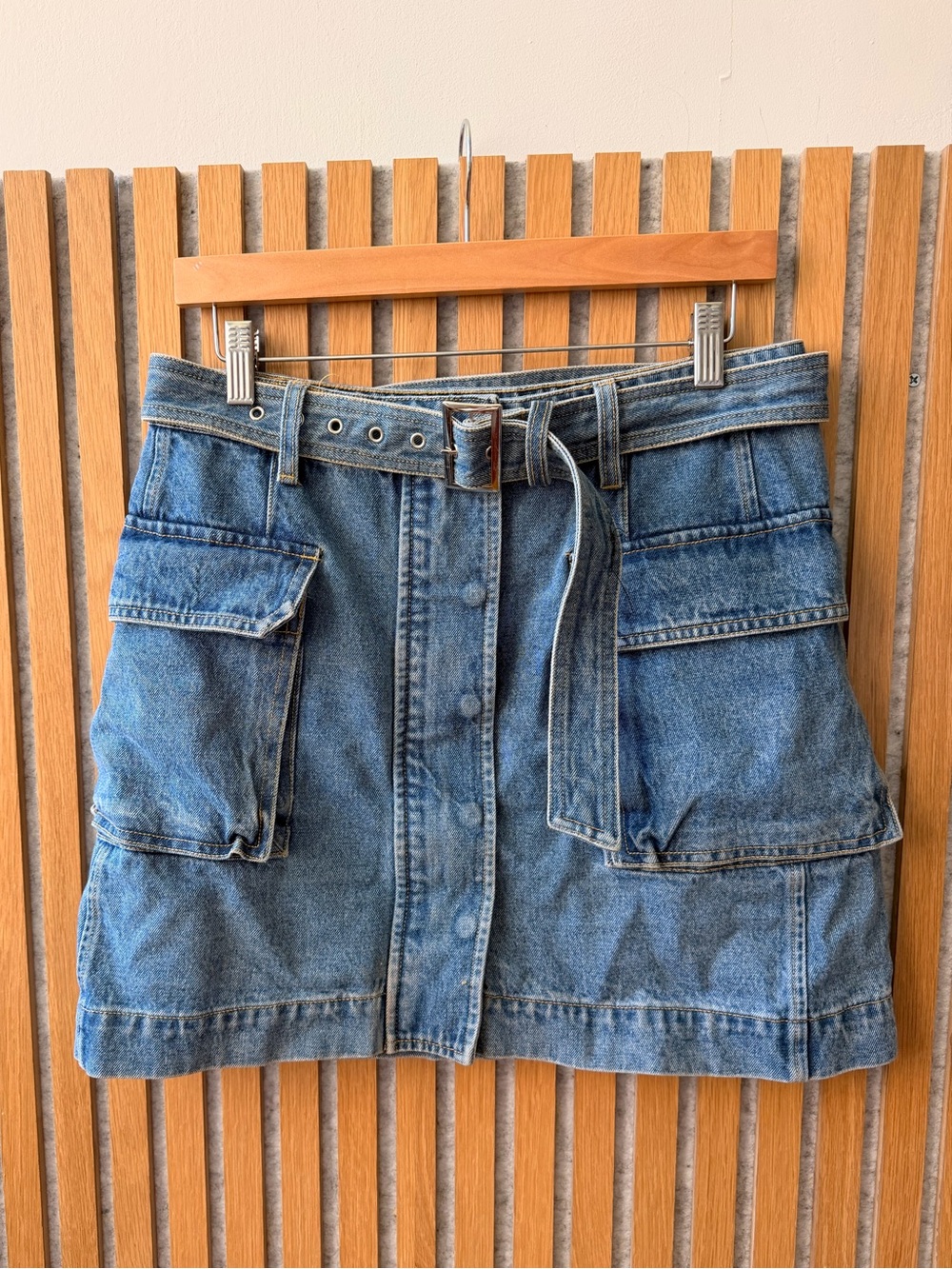 Pixie Market Denim Utility Skirt - Blue, mid-thigh.